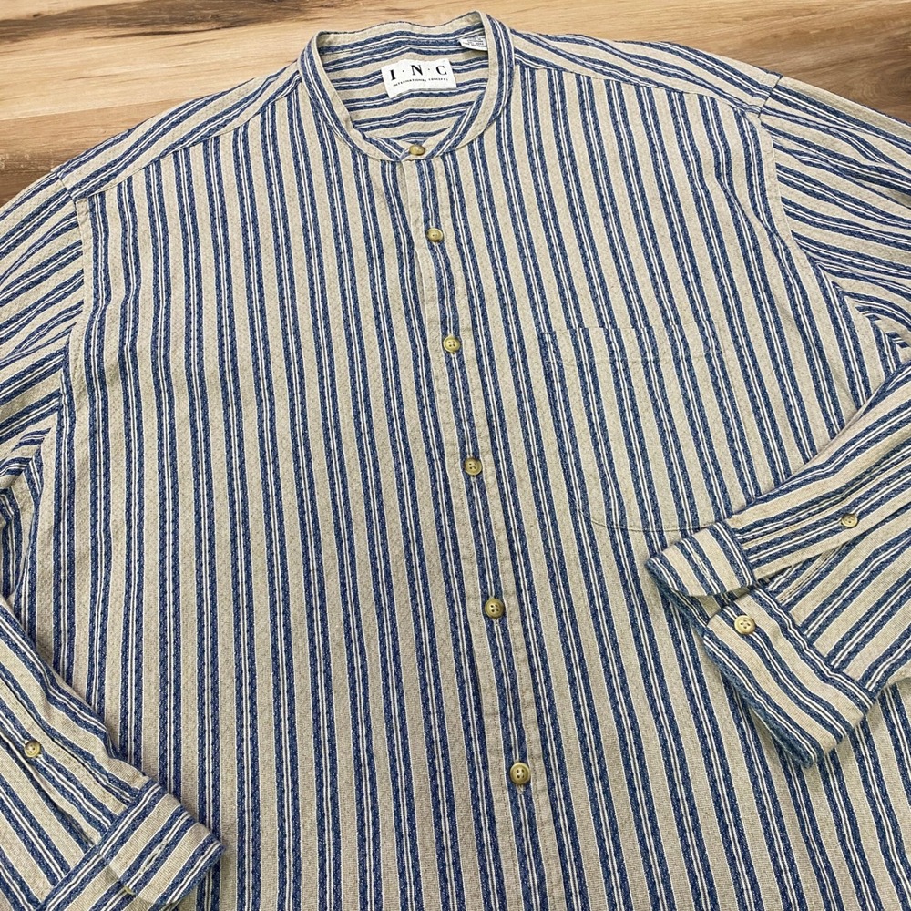 INC Grandad Collar Shirt XL Striped Cotton Relaxed Fit Blue Tan Vintage 90s